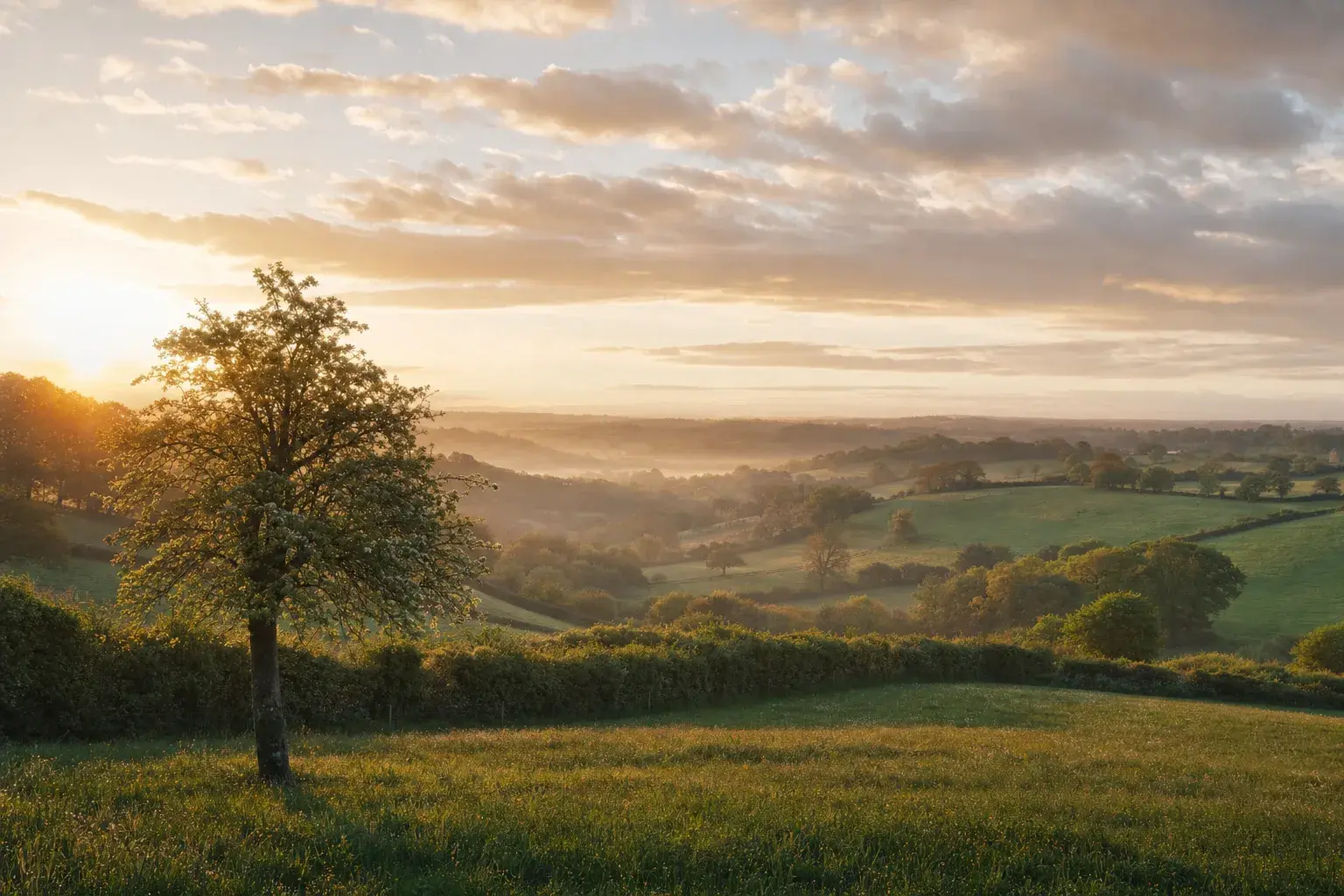 Le bocage normand au lever du soleil, dans l'Orne