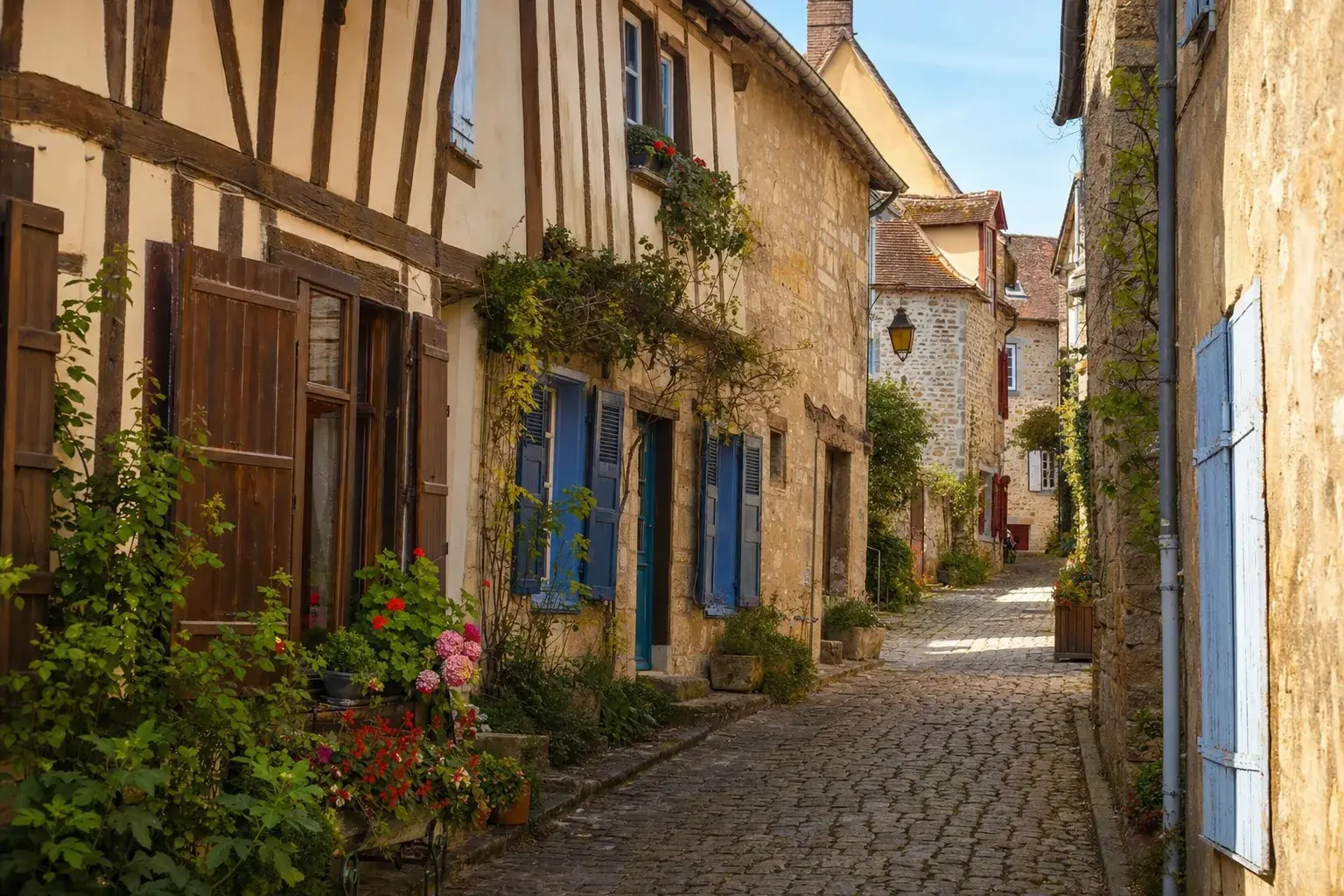 Ruelle d'un village normand à colombages, dans le Perche